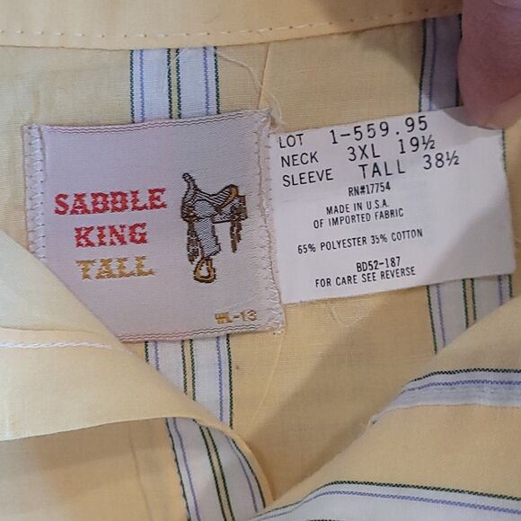 Saddle King Shirt Mens 3XL Tall Pearl Snap Yellow Stripe 19.5 USA Vintage - Picture 2 of 13